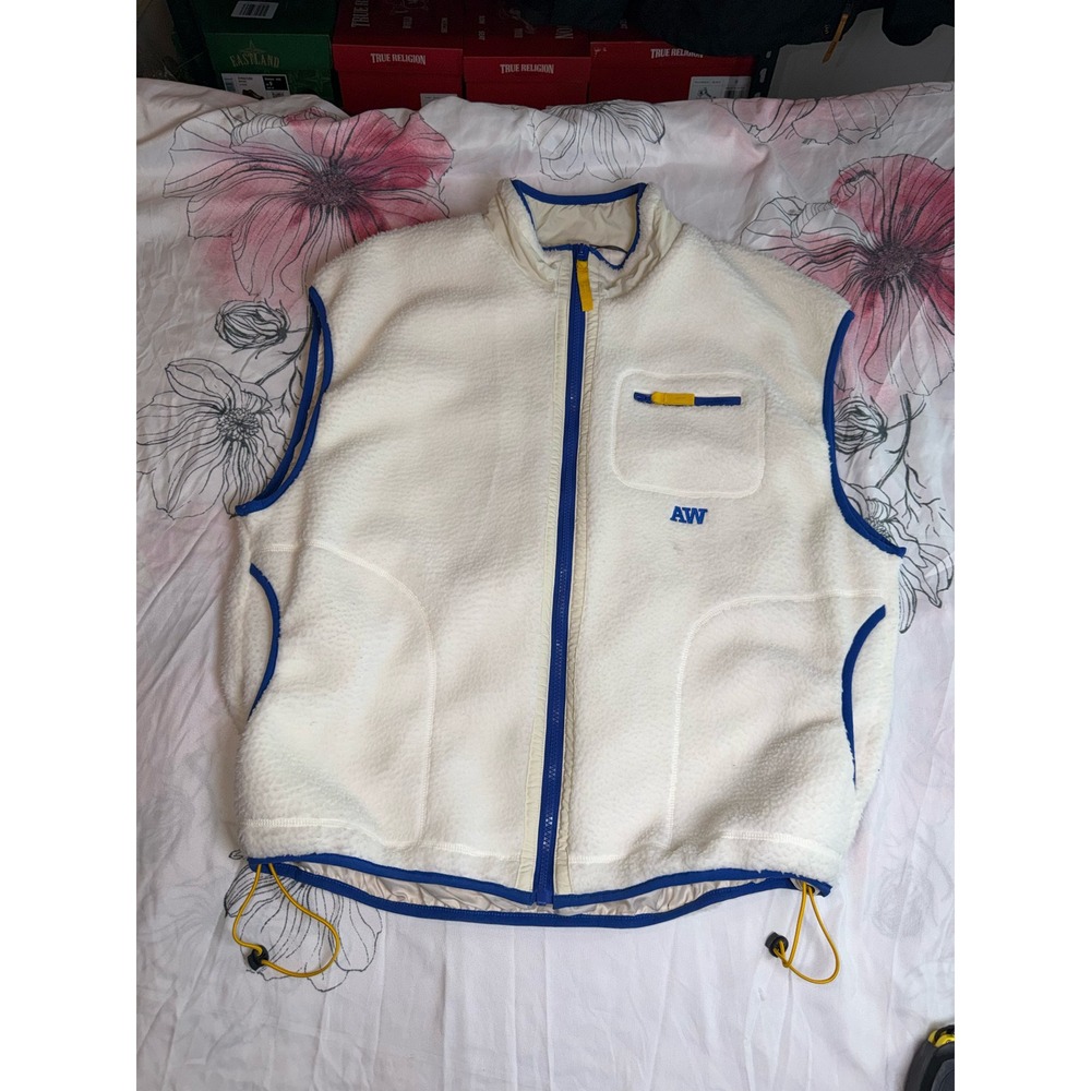 Jack & Jones Mens Sherpa Fleece Vest Cream Blue Trim Full Zip Large NEW